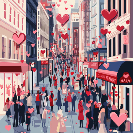 Valentine's day, love and shopping concept. People walking in the city. Vector illustrationのイラスト素材