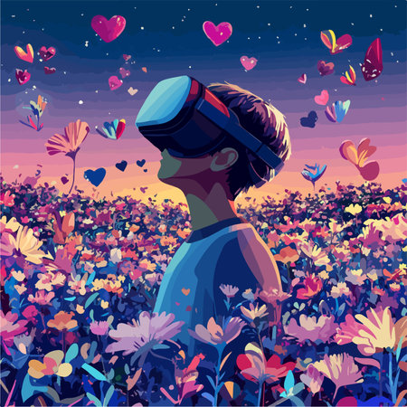 Vector illustration of a boy wearing virtual reality glasses on the background of flowersのイラスト素材