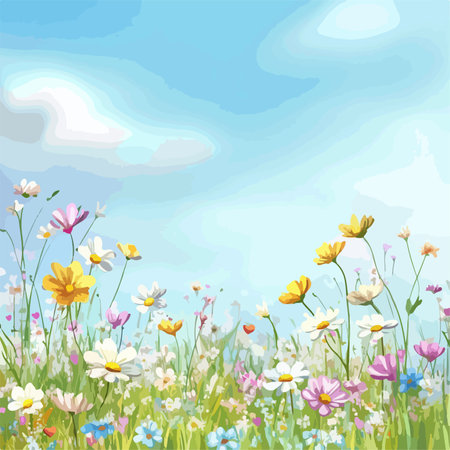 Beautiful meadow with flowers and blue sky background. Vector illustration.のイラスト素材