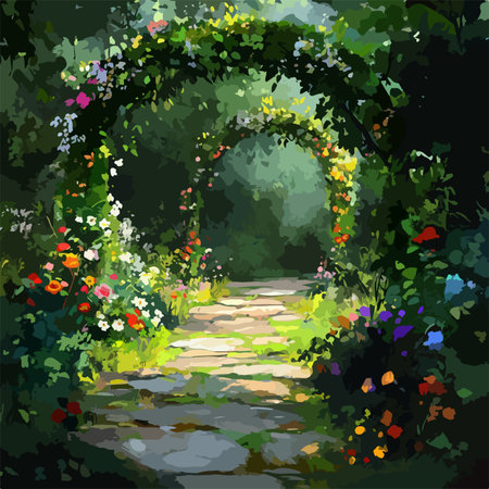 Beautiful summer garden with flowers, path and arch. Vector illustration.のイラスト素材