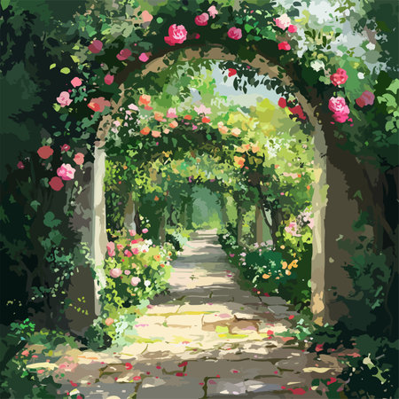 Beautiful alley with roses in the city park. Vector illustration.のイラスト素材