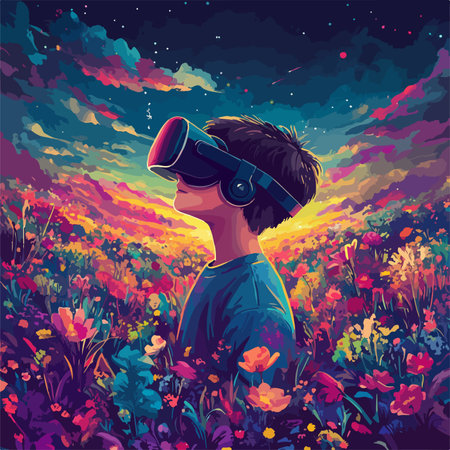 Vector illustration of a young man wearing virtual reality glasses in a field of flowersのイラスト素材