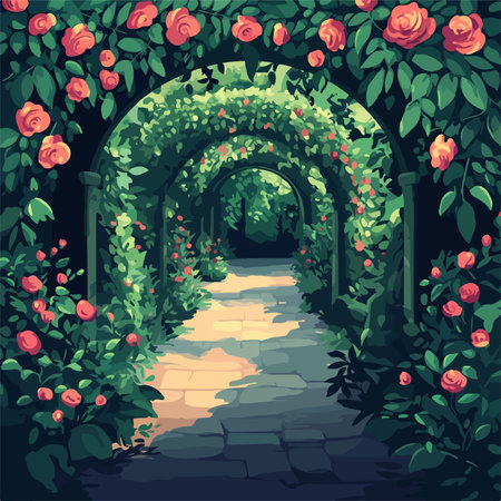 Beautiful garden with blooming roses and archway. Vector illustration.のイラスト素材