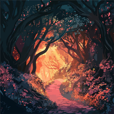 Illustration of a path in the autumn forest. Vector illustration.のイラスト素材