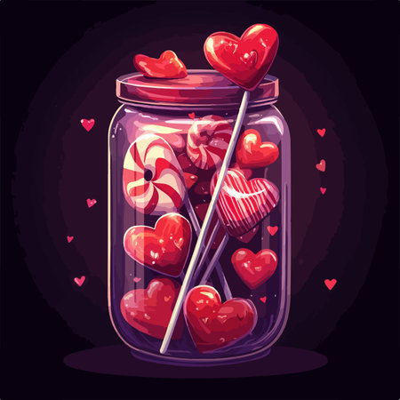 Glass jar with candies in the shape of hearts. Vector illustration.のイラスト素材
