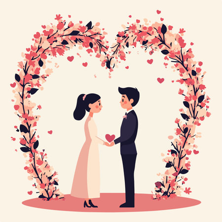 Wedding couple in love. Groom and bride in a wreath of flowersのイラスト素材