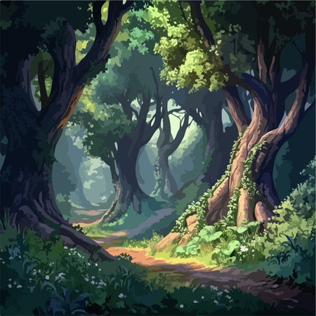 Vector illustration of a forest with trees and grass in the foreground.のイラスト素材