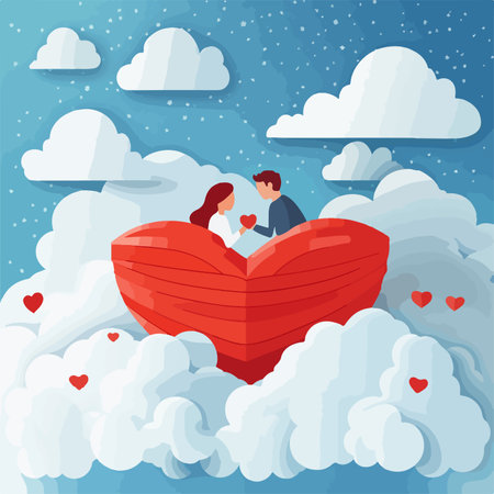 Couple in love on a red boat in the clouds. Vector illustrationのイラスト素材