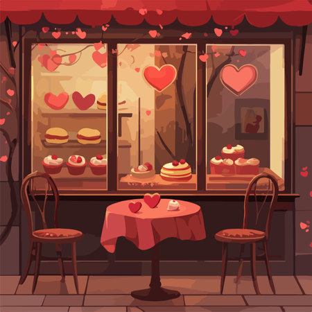 Valentine's day cafe. Vector illustration of a cafe with heart-shaped cakesのイラスト素材