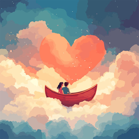 Romantic couple in love on a boat in the clouds. Vector illustrationのイラスト素材