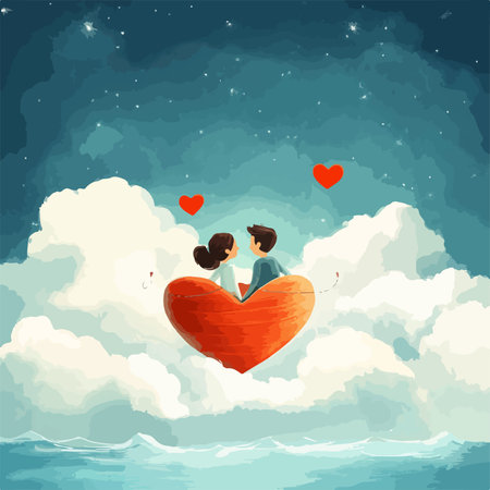 couple in love on the sky with hearts. Vector illustration.のイラスト素材