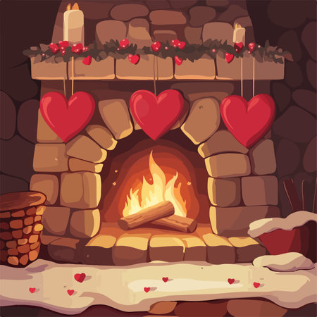 Valentine's Day background with fireplace and hearts. Vector illustrationのイラスト素材