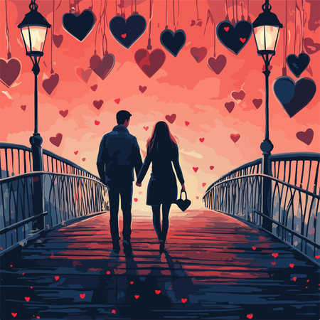 Romantic couple in love walking on a bridge. Vector illustration.のイラスト素材