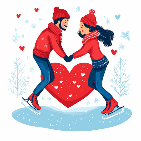 Couple ice skating in winter park. Man and woman holding hands on ice rink. Vector illustration.のイラスト素材