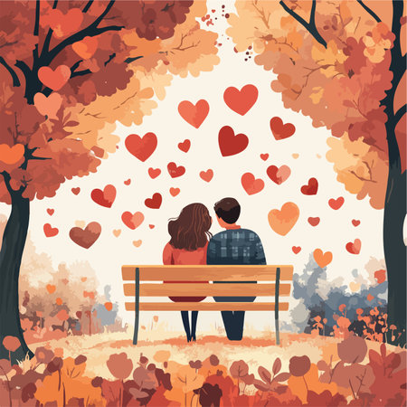 Couple in love sitting on a bench in the autumn park. Vector illustrationのイラスト素材