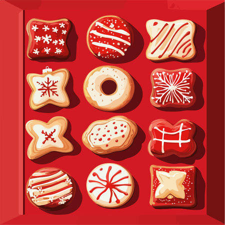 Christmas cookies. Vector illustration of different types of cookies on red background.のイラスト素材