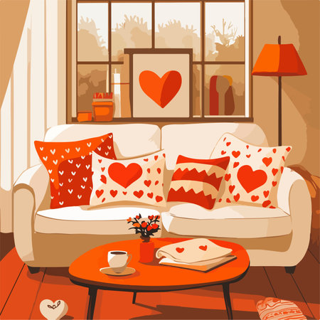Living room interior with sofa, coffee table, flowers, coffee cup, book and hearts. Vector illustration.のイラスト素材