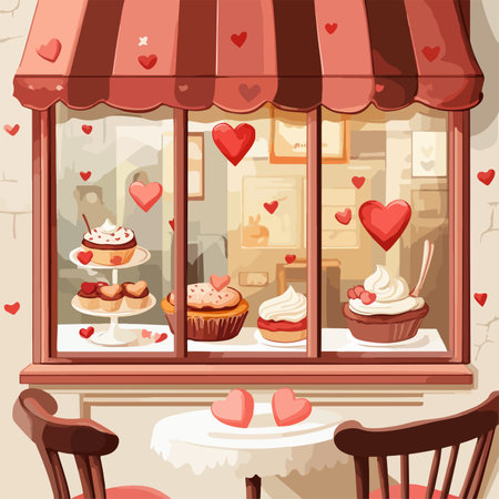 Illustration of a cafe window with a cupcake and a heartのイラスト素材