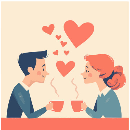 Romantic couple drinking coffee in cafe. Vector illustration in flat styleのイラスト素材