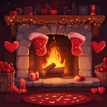 Valentines day background with fireplace and christmas gifts. Vector illustrationのイラスト素材