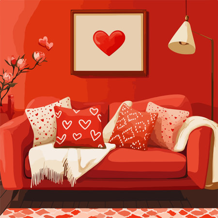 Red sofa with pillows in the living room. Vector illustration.のイラスト素材