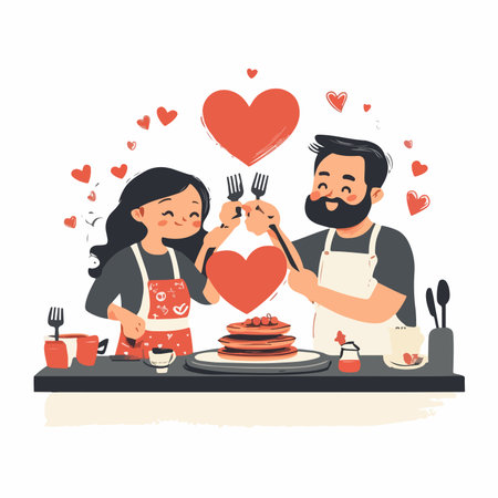 Couple in love cooking together. Man and woman in love. Vector illustrationのイラスト素材