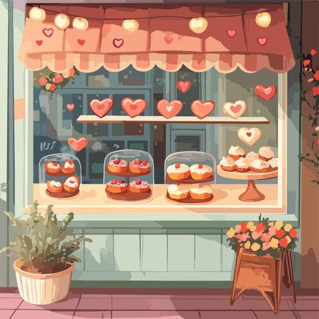 Coffee shop window with sweet cakes and flowers. Vector illustration.のイラスト素材