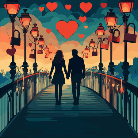 Couple in love on the bridge with lanterns. Vector illustration.のイラスト素材