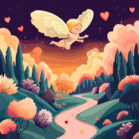 Cute cartoon cupid with wings flying in the sky, vector illustrationのイラスト素材