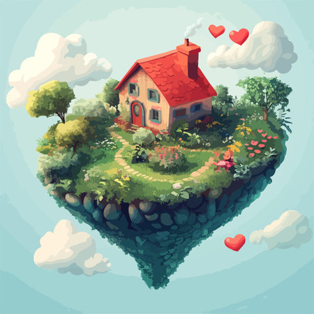Lovely house in the heart shape on the island. Vector illustration.のイラスト素材
