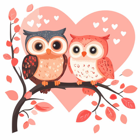 Valentine's day card with two owls on a tree branch. Vector illustration.のイラスト素材