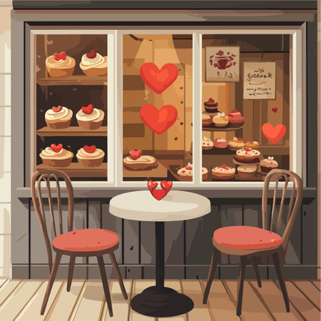 Coffee shop interior with cupcakes and cakes. Vector illustrationのイラスト素材