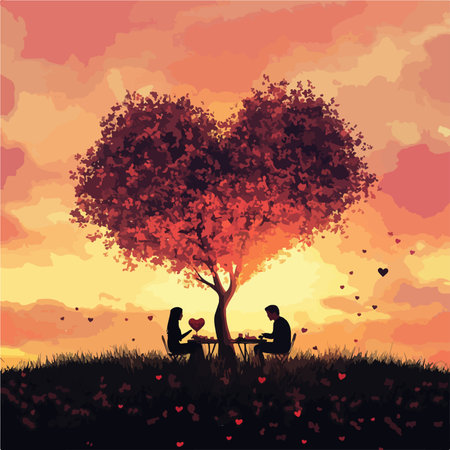 Romantic couple in love sitting under a tree. Vector illustration.のイラスト素材