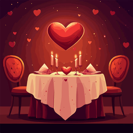 Valentine's day romantic dinner vector illustration. Romantic dinner table with heart, candles, chairs and tableclothのイラスト素材