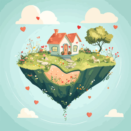 Cute cartoon house on the island in the heart shape. Vector illustration.のイラスト素材
