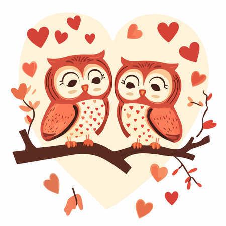 Valentine card with two cute owls sitting on a tree branch. Vector illustration.のイラスト素材