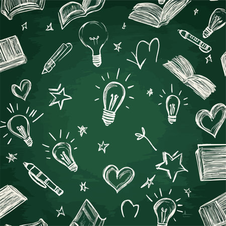 Green chalkboard background with hand drawn doodle elements. Vector illustration.のイラスト素材