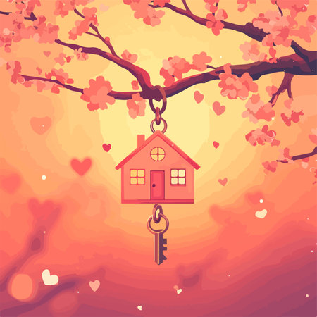 Vector illustration of a key with a house on the background of cherry blossomsのイラスト素材