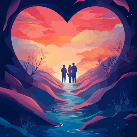 Couple in love in the mountains. Vector illustration in retro styleのイラスト素材