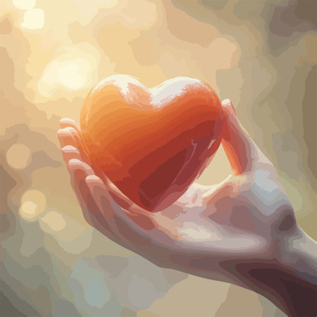 Vector illustration of a hand holding a heart on a blurred background.のイラスト素材