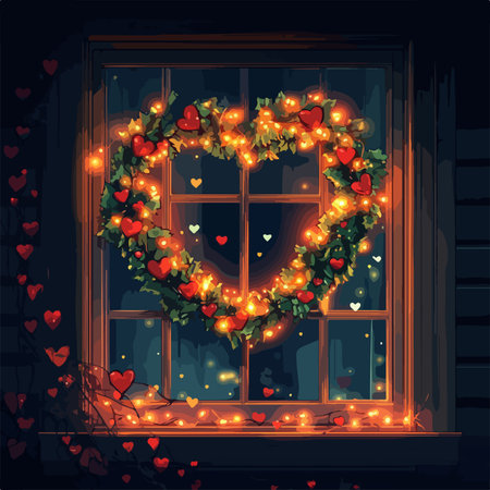 Illustration of a window with a wreath of Christmas lights.のイラスト素材