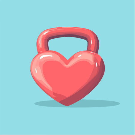 Red heart shaped kettlebell isolated on blue background. Vector illustration.のイラスト素材
