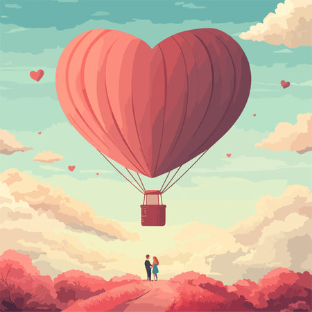 Couple in love flying in a hot air balloon. Vector illustrationのイラスト素材