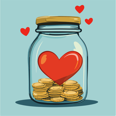 Coins in a glass jar with a heart inside. Vector illustration.のイラスト素材