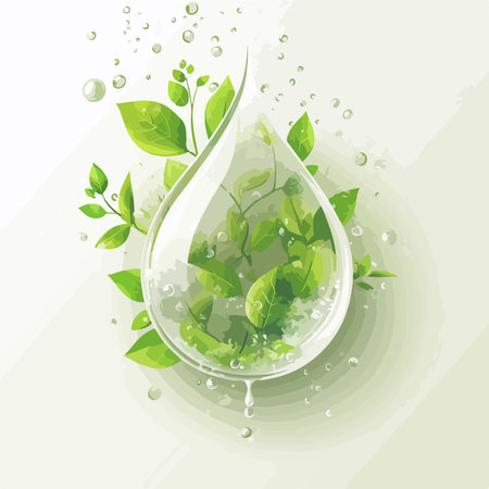 Eco water drop with green leaves and bubbles. Vector illustration.のイラスト素材