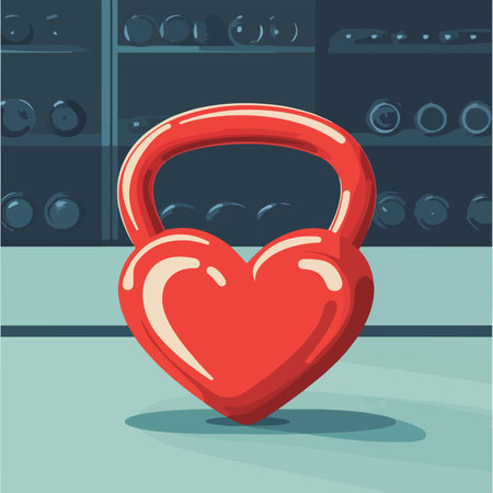 Kettlebell with heart in the gym. Vector flat illustration.のイラスト素材