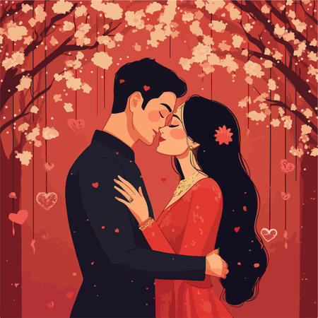 Romantic couple in love kissing in the park. Vector illustration.のイラスト素材
