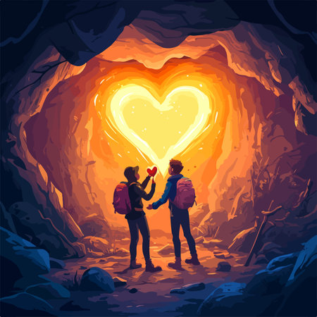 Man and woman in love with heart in cave. Vector illustration.のイラスト素材
