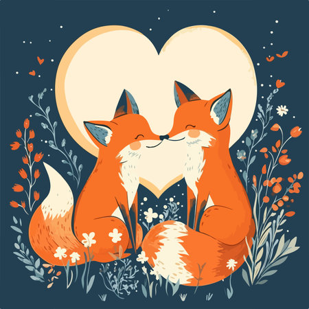 Valentine's Day greeting card with cute foxes in love. Vector illustration.のイラスト素材