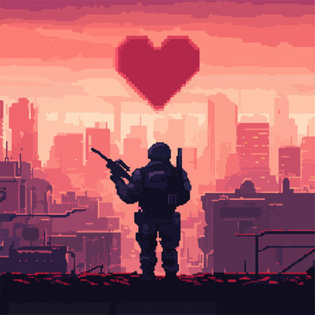 vector illustration of a soldier on the background of the city with a heartのイラスト素材